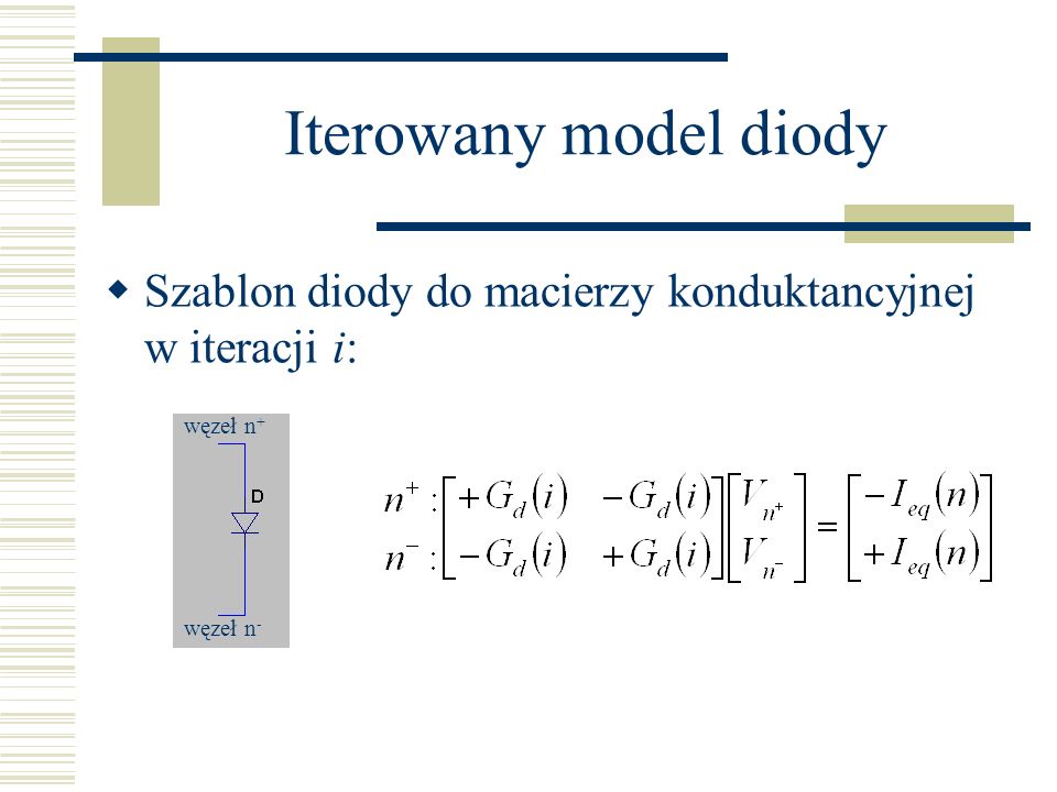Iterowany model diody Szablon diody do macierzy konduktancyjnej w iteracji i: węzeł n+ węzeł n-