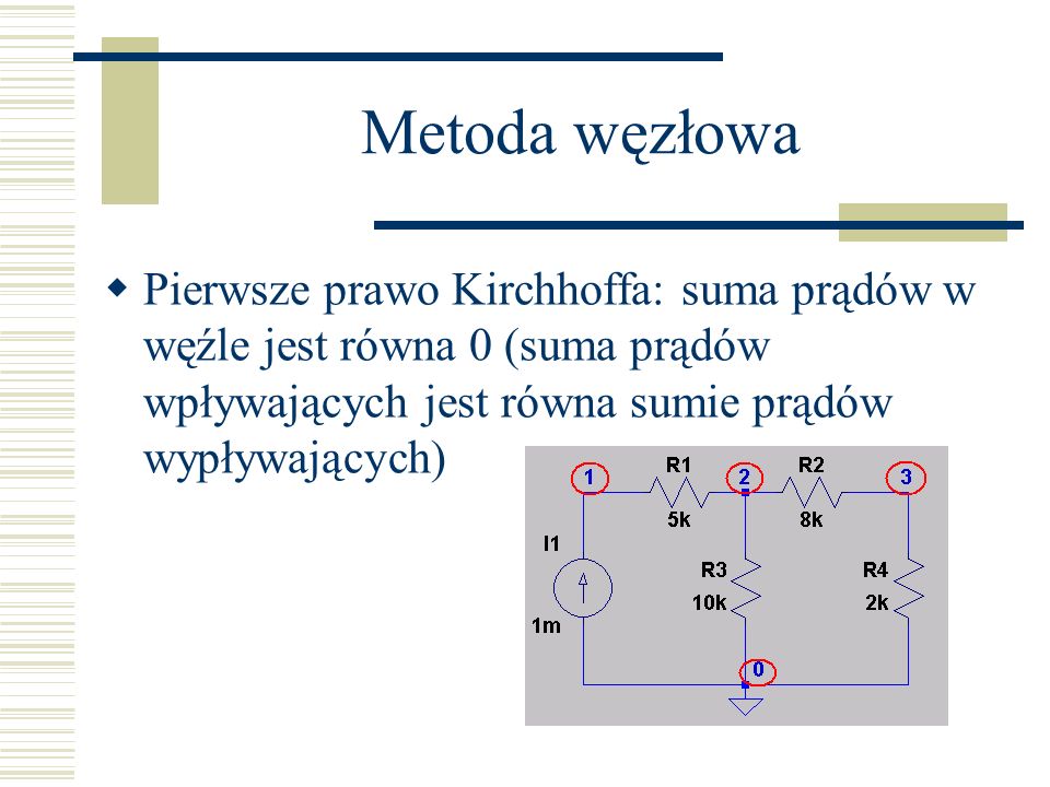 Metoda węzłowa Pierwsze prawo Kirchhoffa: suma prądów w węźle jest równa 0 (suma prądów wpływających jest równa sumie prądów wypływających)
