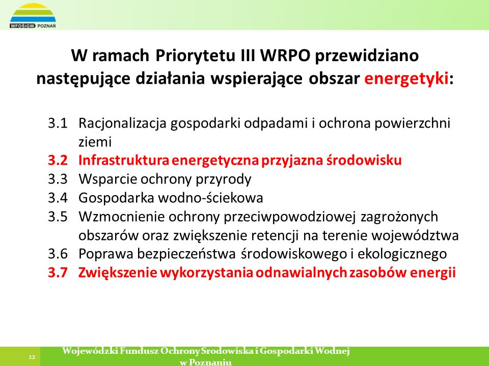 W ramach Priorytetu III WRPO przewidziano następujące działania wspierające obszar energetyki: