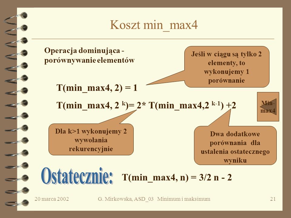 Ostatecznie: Koszt min_max4 T(min_max4, 2) = 1