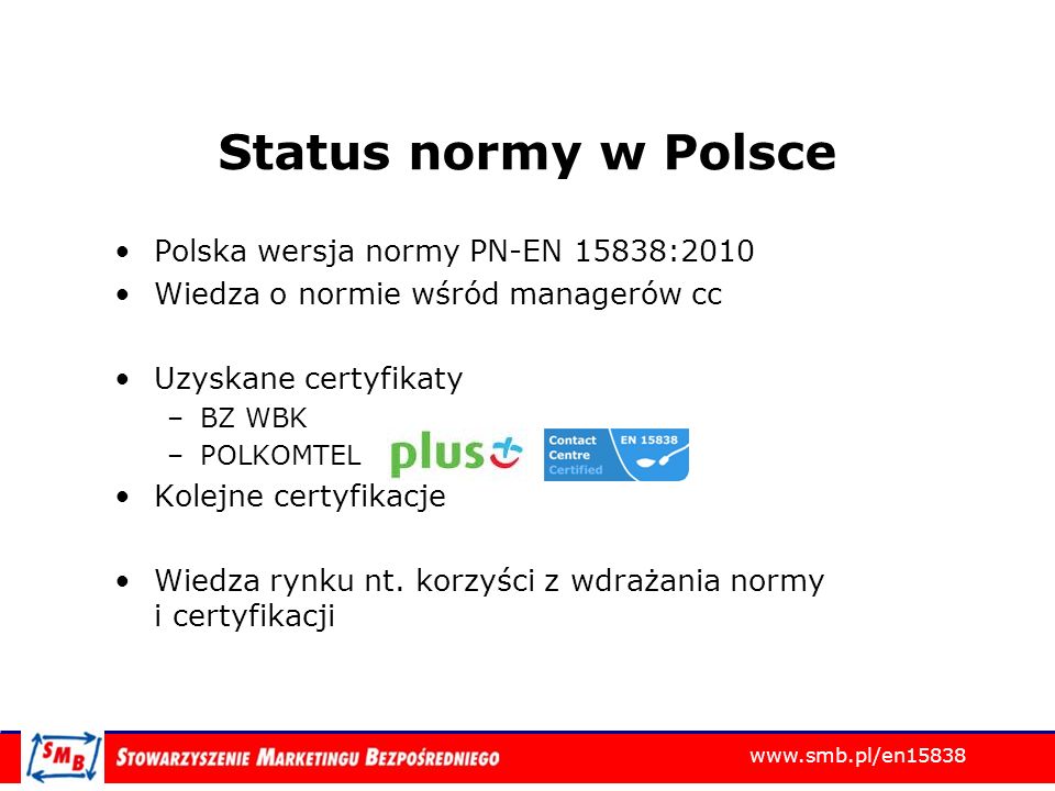 Status normy w Polsce Polska wersja normy PN-EN 15838:2010