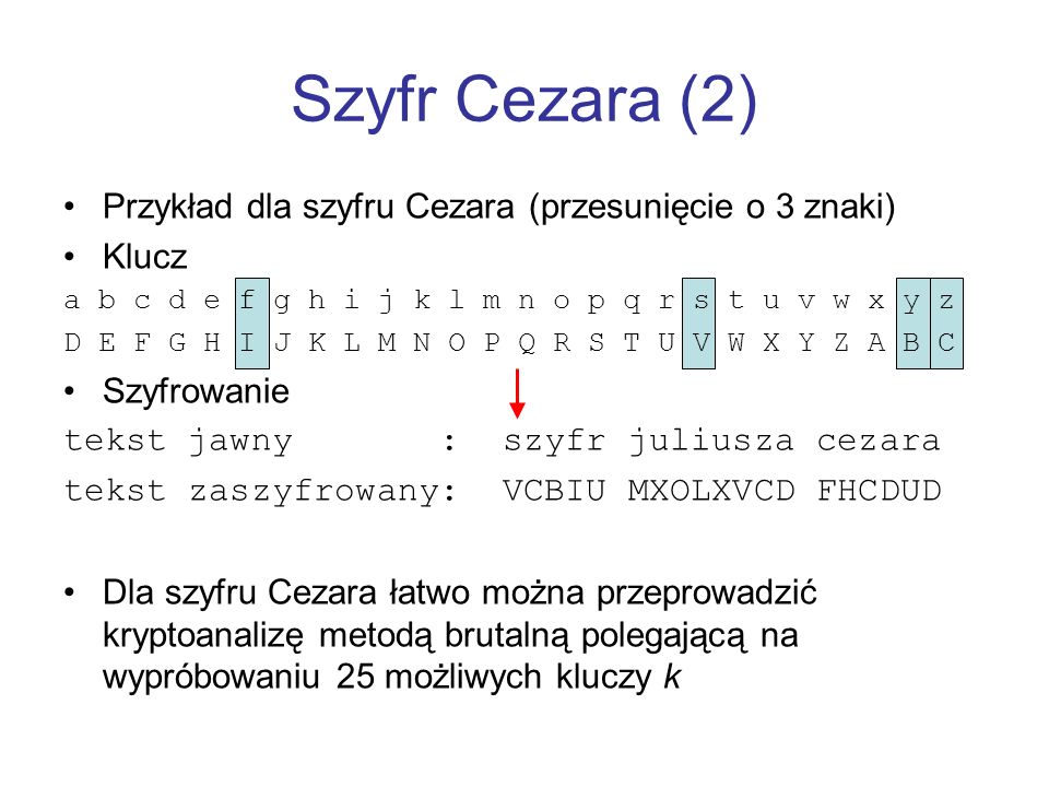 Szyfr Cezara (2) Przykład dla szyfru Cezara (przesunięcie o 3 znaki)