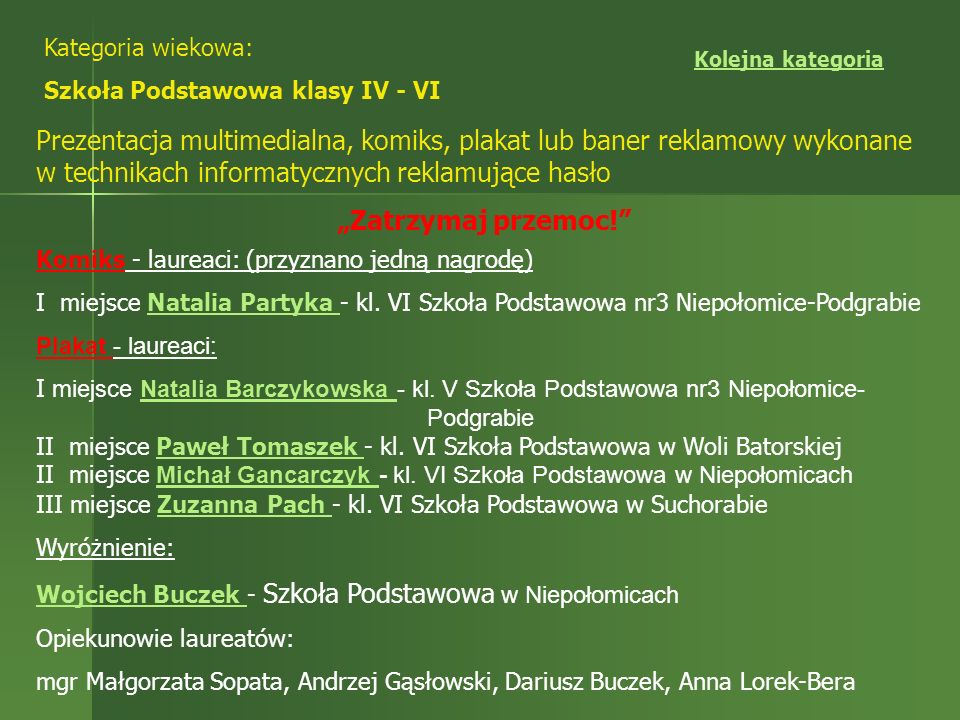 Kategoria wiekowa: Szkoła Podstawowa klasy IV - VI. Kolejna kategoria.