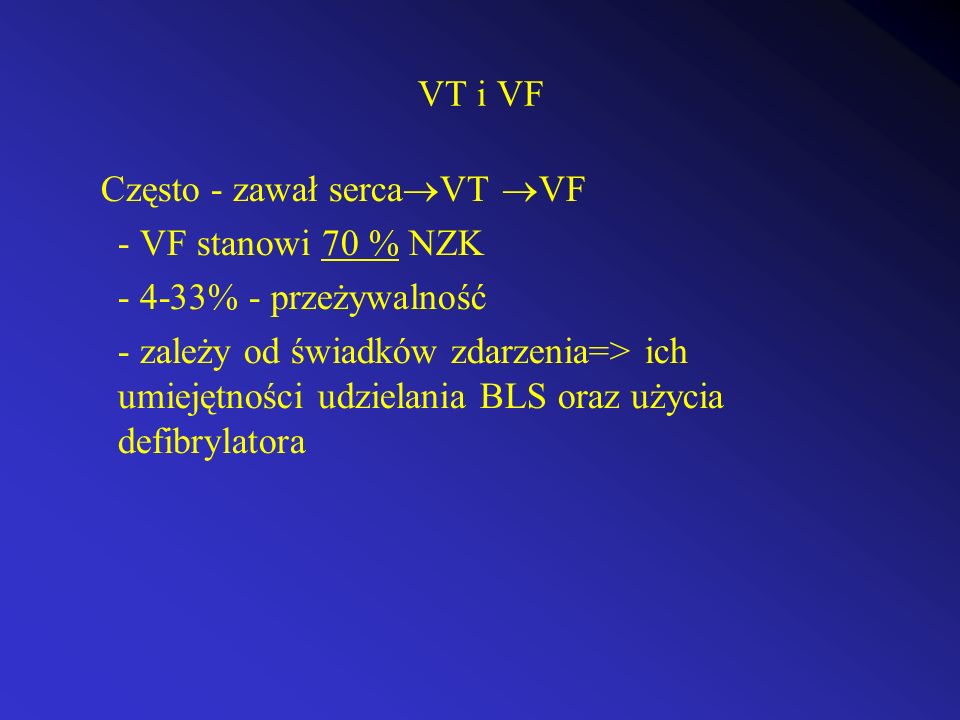 VT i VF Często - zawał sercaVT VF. - VF stanowi 70 % NZK % - przeżywalność.