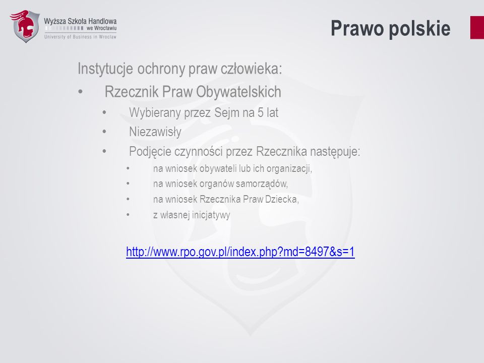 Prawo polskie Instytucje ochrony praw człowieka: