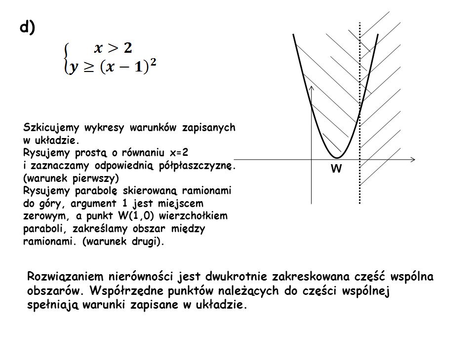 d) Szkicujemy wykresy warunków zapisanych. w układzie. Rysujemy prostą o równaniu x=2. i zaznaczamy odpowiednią półpłaszczyznę. (warunek pierwszy)