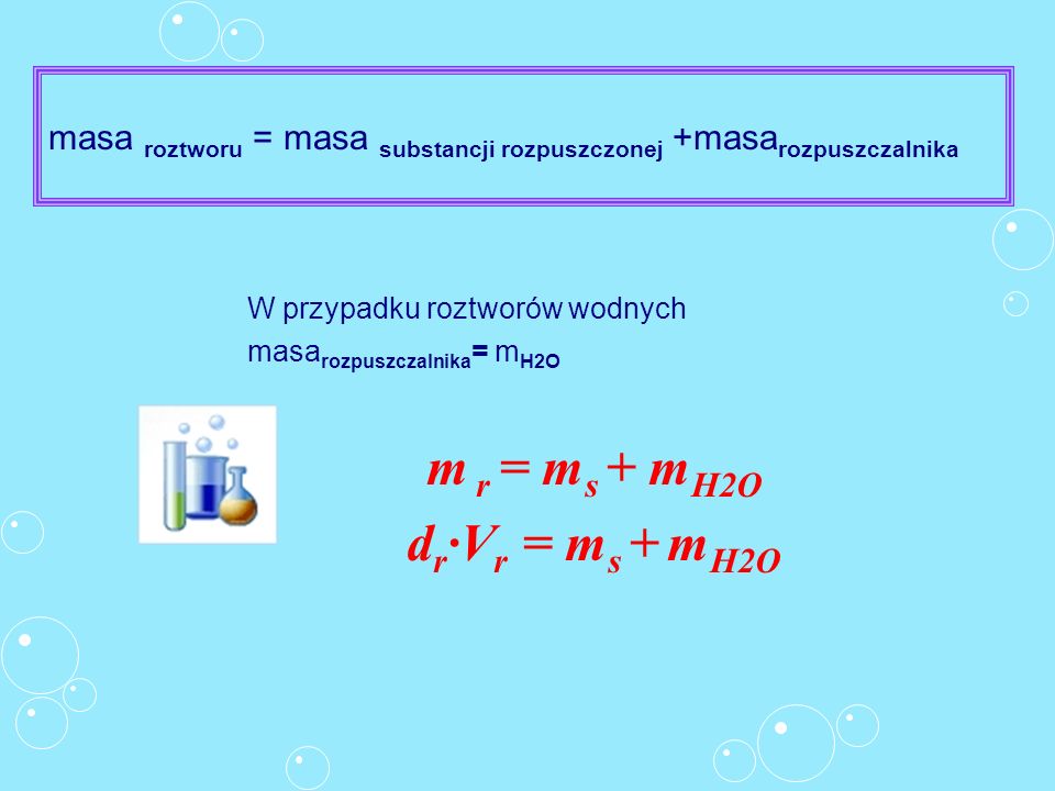 masa roztworu = masa substancji rozpuszczonej +masarozpuszczalnika