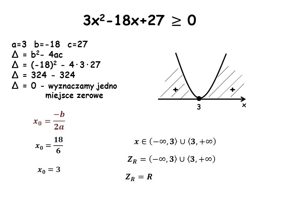 3x2-18x+27 ≥ 0 · + + a=3 b=-18 c=27 Δ = b2- 4ac Δ = (-18)2 - 4·3·27