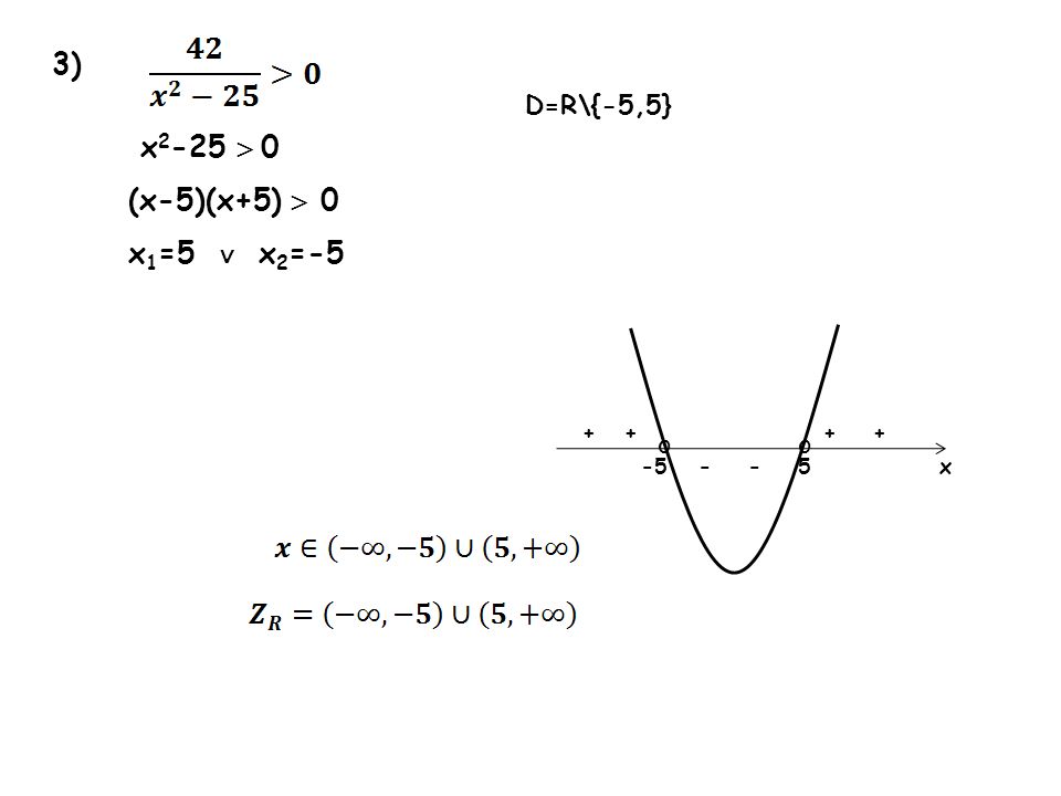 3) x2-25  0 (x-5)(x+5)  0 x1=5 ∨ x2=-5 D=R\{-5,5} o o