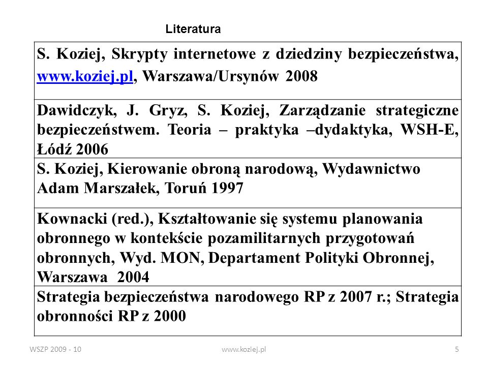 Literatura S. Koziej, Skrypty internetowe z dziedziny bezpieczeństwa,   Warszawa/Ursynów