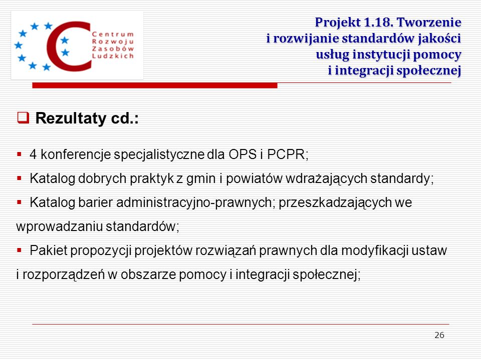Rezultaty cd.: Projekt Tworzenie i rozwijanie standardów jakości