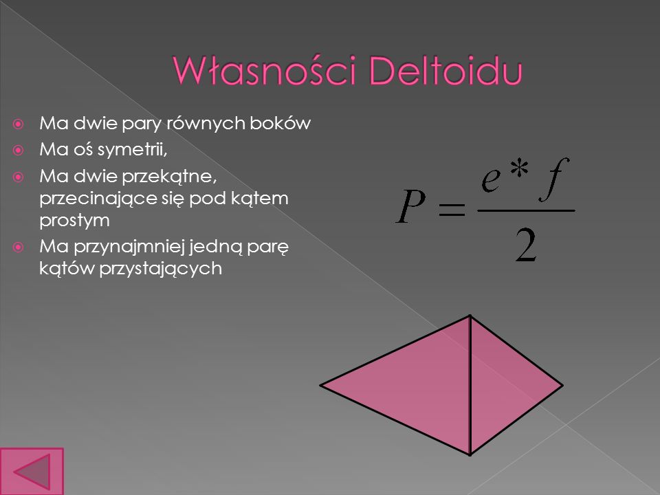 Własności Deltoidu Ma dwie pary równych boków Ma oś symetrii,
