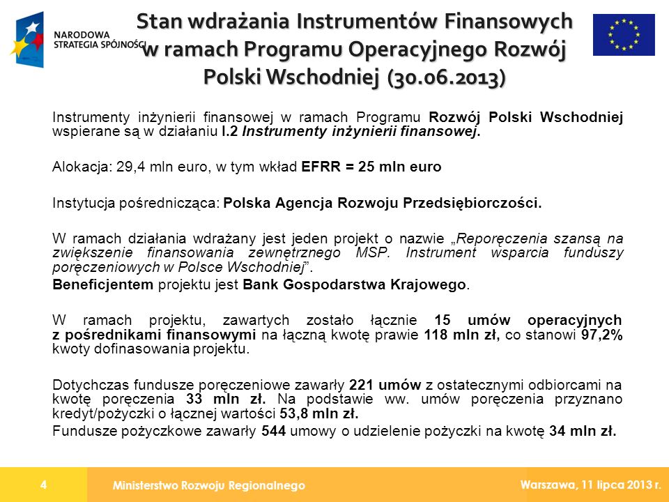 Stan wdrażania Instrumentów Finansowych w ramach Programu Operacyjnego Rozwój Polski Wschodniej ( )
