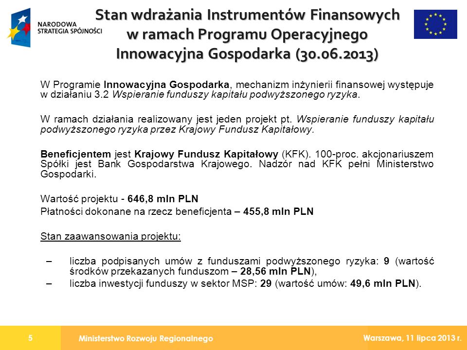 Stan wdrażania Instrumentów Finansowych w ramach Programu Operacyjnego Innowacyjna Gospodarka ( )