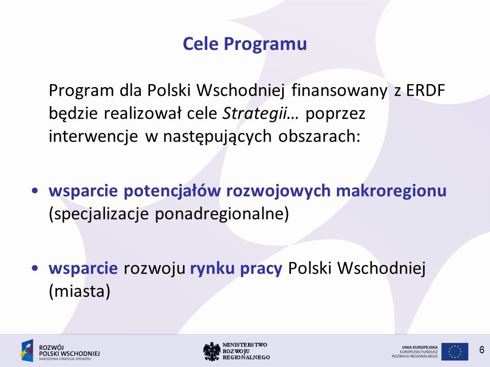 Cele Programu Program dla Polski Wschodniej finansowany z ERDF będzie realizował cele Strategii… poprzez interwencje w następujących obszarach: