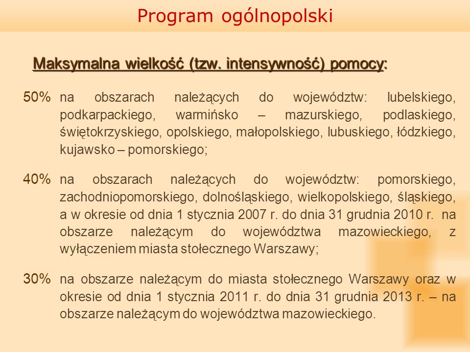 Program ogólnopolski Maksymalna wielkość (tzw. intensywność) pomocy: