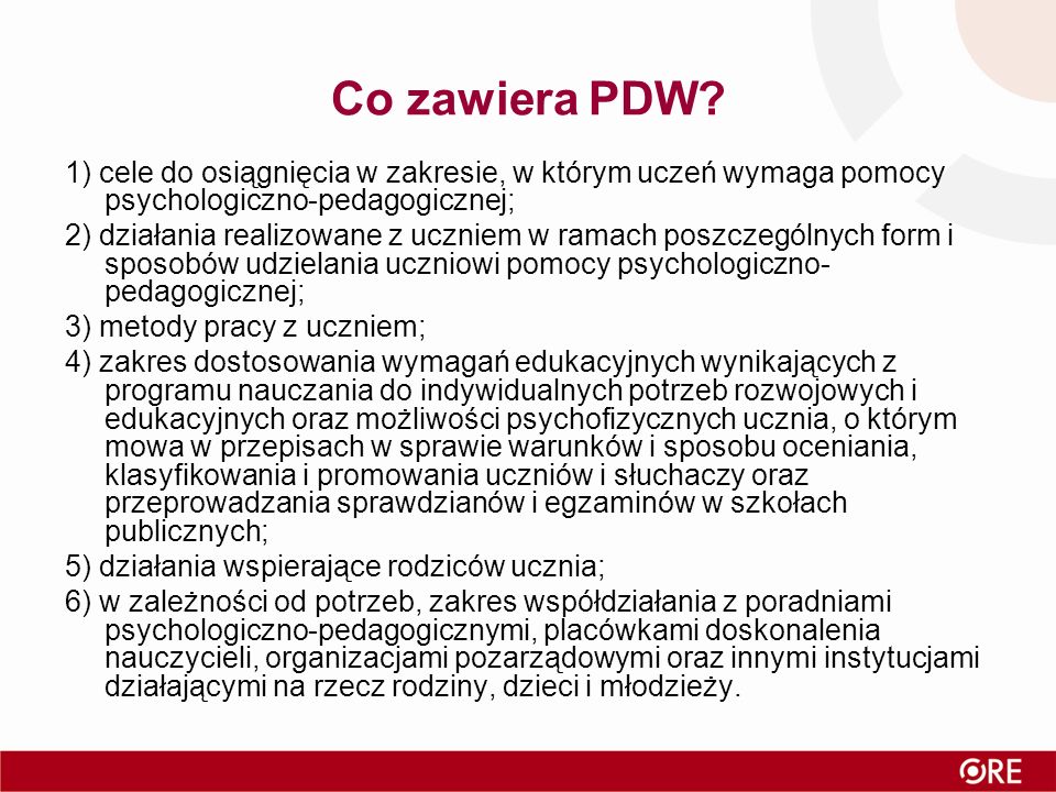 Co zawiera PDW 1) cele do osiągnięcia w zakresie, w którym uczeń wymaga pomocy psychologiczno-pedagogicznej;