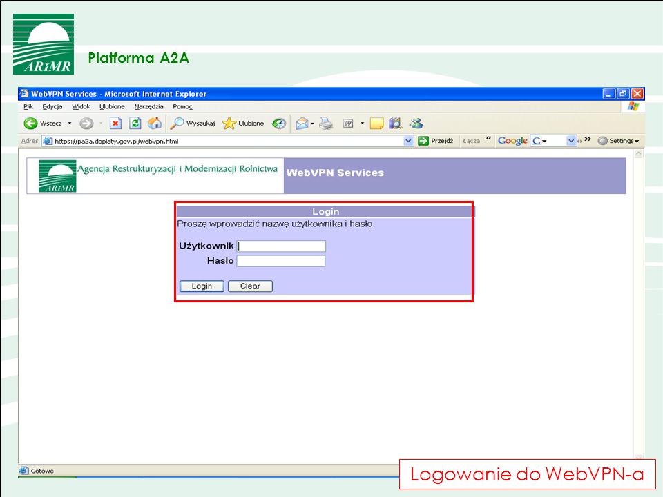 OBRAZEK Platforma A2A Logowanie do WebVPN-a