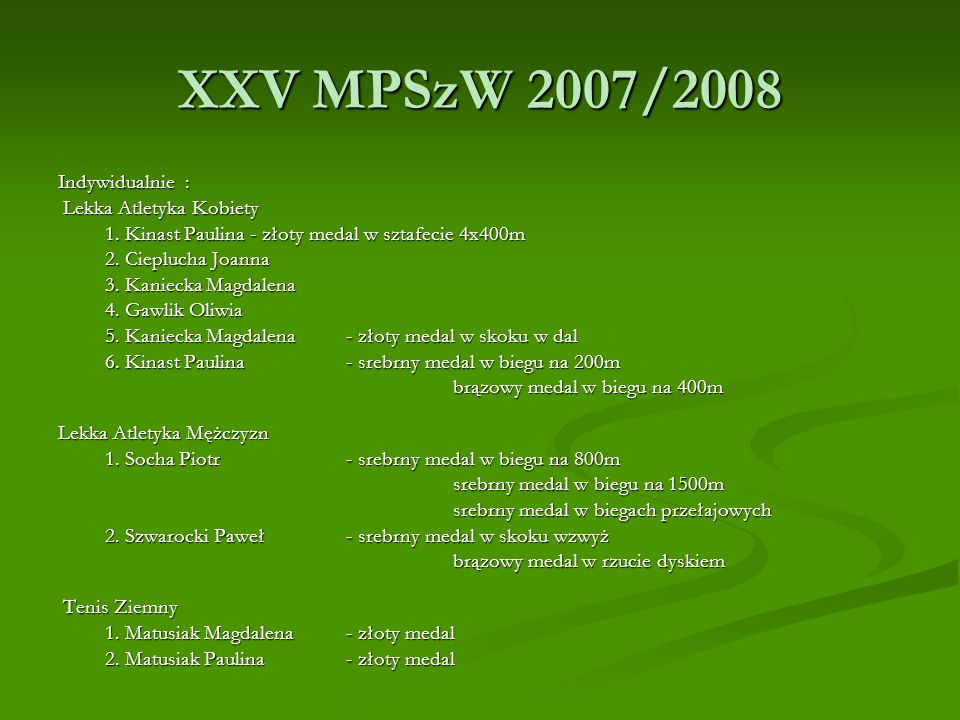XXV MPSzW 2007/2008 Indywidualnie : Lekka Atletyka Kobiety