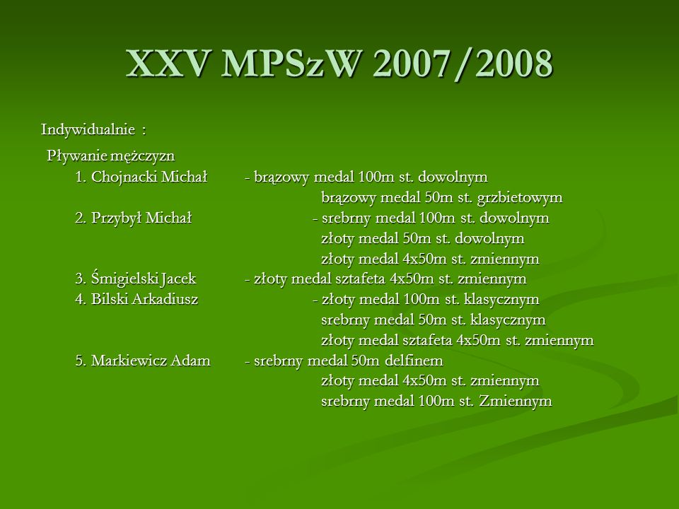 XXV MPSzW 2007/2008 Pływanie mężczyzn Indywidualnie :