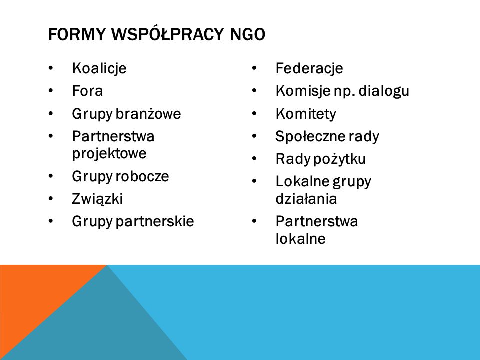 Formy współpracy NGO Koalicje Fora Grupy branżowe
