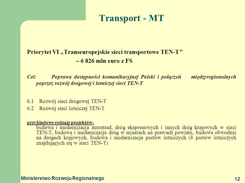 Transport - MT Priorytet VI „Transeuropejskie sieci transportowe TEN-T – mln euro z FS.