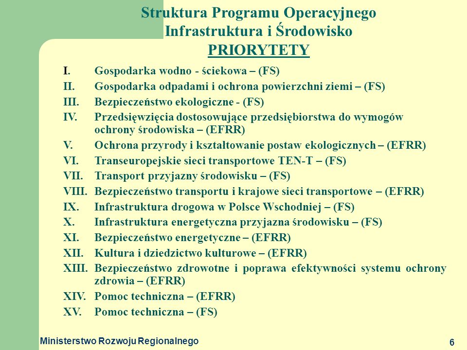 Struktura Programu Operacyjnego Infrastruktura i Środowisko PRIORYTETY
