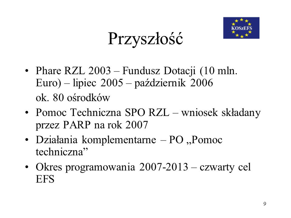Przyszłość Phare RZL 2003 – Fundusz Dotacji (10 mln. Euro) – lipiec 2005 – październik ok. 80 ośrodków.