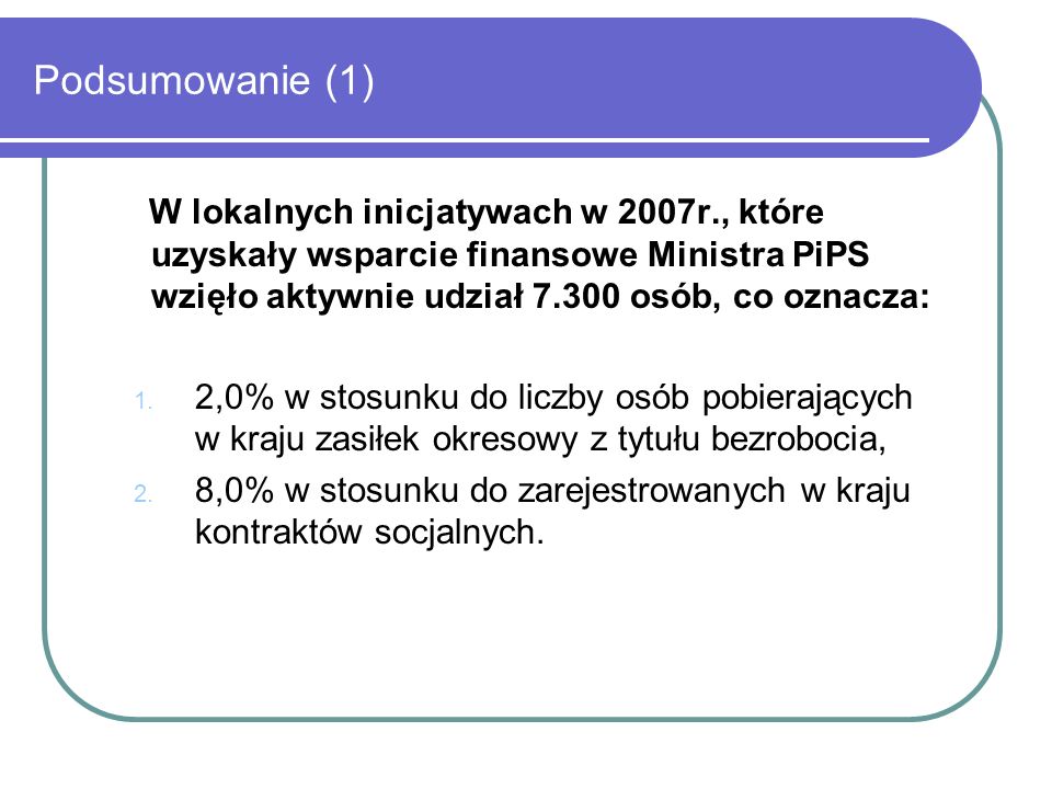 Podsumowanie (1) W lokalnych inicjatywach w 2007r., które uzyskały wsparcie finansowe Ministra PiPS wzięło aktywnie udział osób, co oznacza: