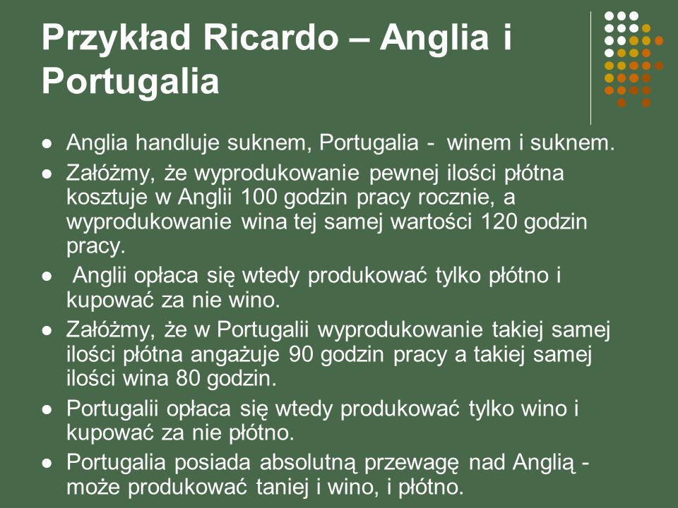 Przykład Ricardo – Anglia i Portugalia