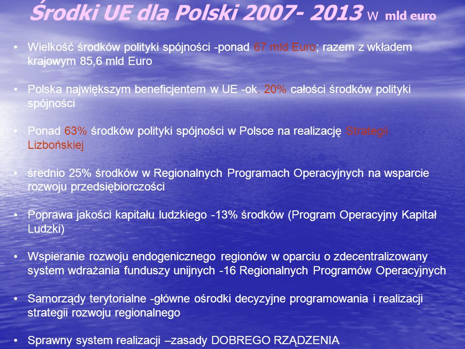 Środki UE dla Polski w mld euro