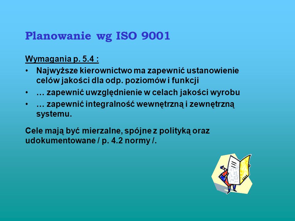 Planowanie wg ISO 9001 Wymagania p. 5.4 :
