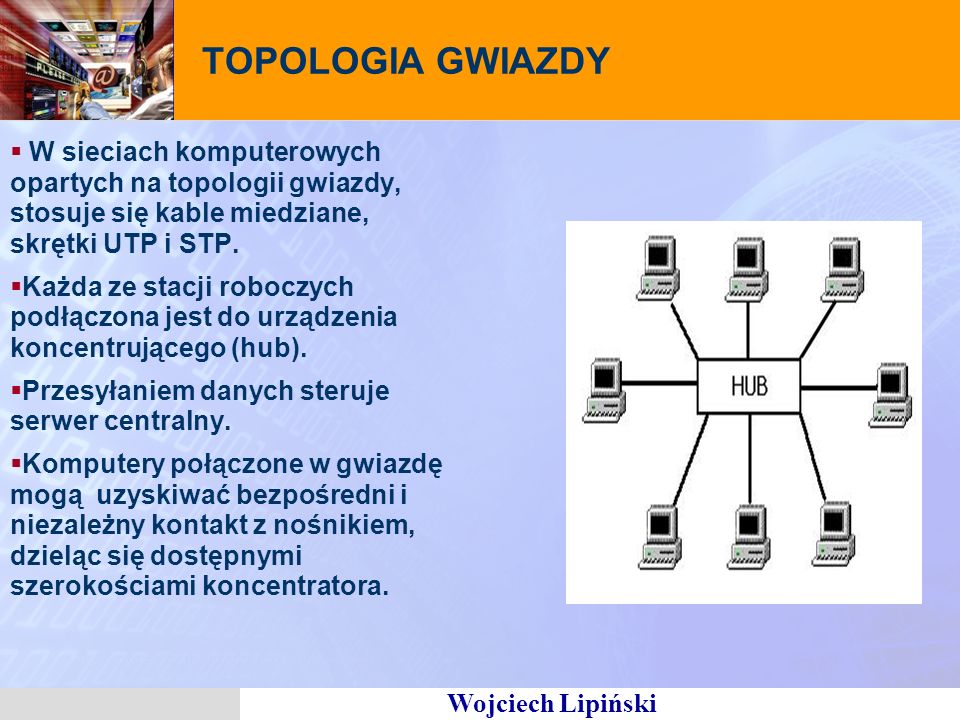 TOPOLOGIA GWIAZDY W sieciach komputerowych opartych na topologii gwiazdy, stosuje się kable miedziane, skrętki UTP i STP.