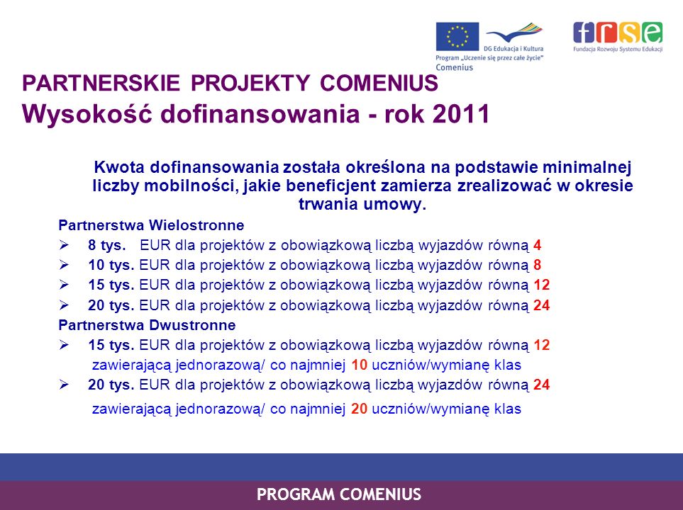 PARTNERSKIE PROJEKTY COMENIUS Wysokość dofinansowania - rok 2011