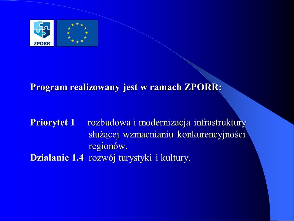 Program realizowany jest w ramach ZPORR: Priorytet 1 rozbudowa i modernizacja infrastruktury służącej wzmacnianiu konkurencyjności regionów.