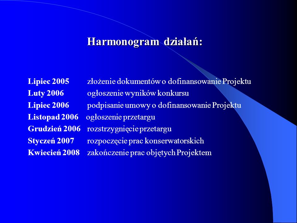 Harmonogram działań: Lipiec 2005 złożenie dokumentów o dofinansowanie Projektu. Luty 2006 ogłoszenie wyników konkursu.