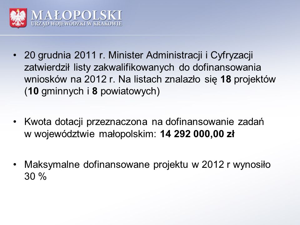 20 grudnia 2011 r. Minister Administracji i Cyfryzacji zatwierdził listy zakwalifikowanych do dofinansowania wniosków na 2012 r. Na listach znalazło się 18 projektów (10 gminnych i 8 powiatowych)