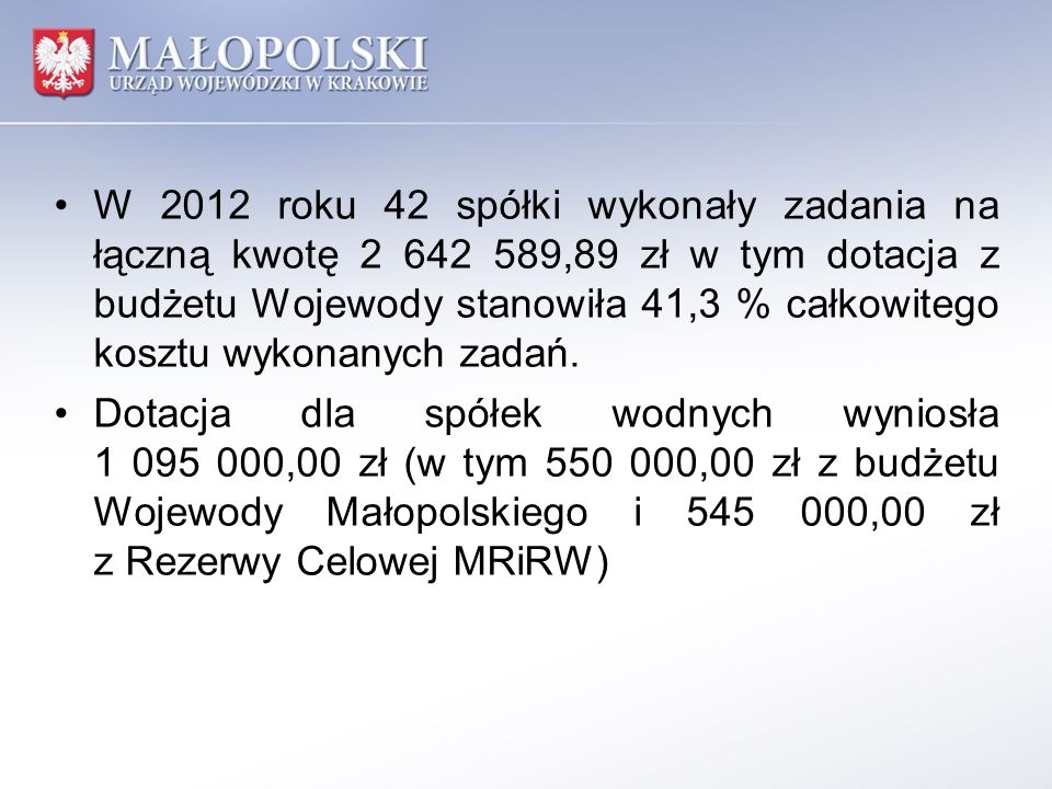 W 2012 roku 42 spółki wykonały zadania na łączną kwotę ,89 zł w tym dotacja z budżetu Wojewody stanowiła 41,3 % całkowitego kosztu wykonanych zadań.