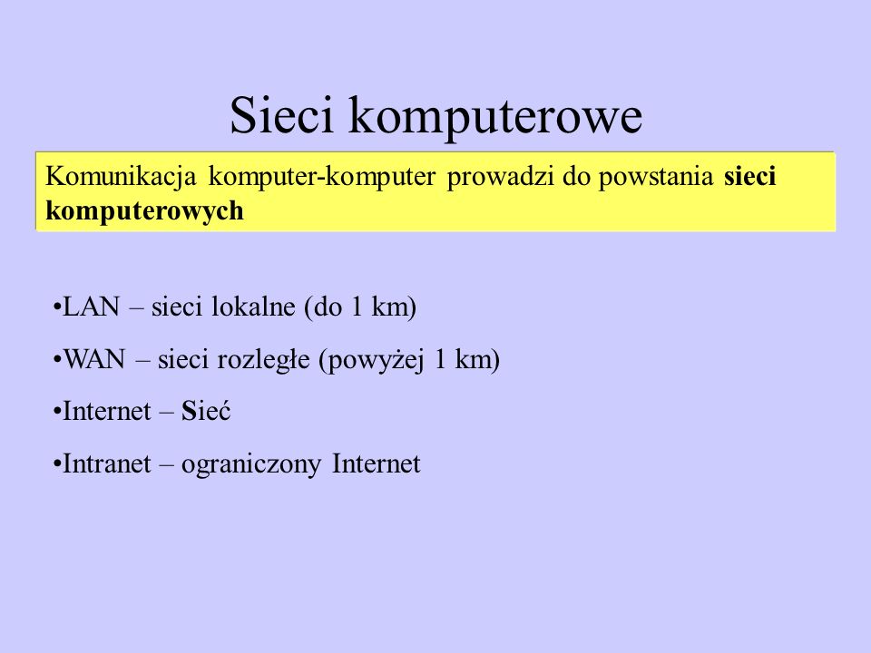 Sieci komputerowe Komunikacja komputer-komputer prowadzi do powstania sieci komputerowych. LAN – sieci lokalne (do 1 km)