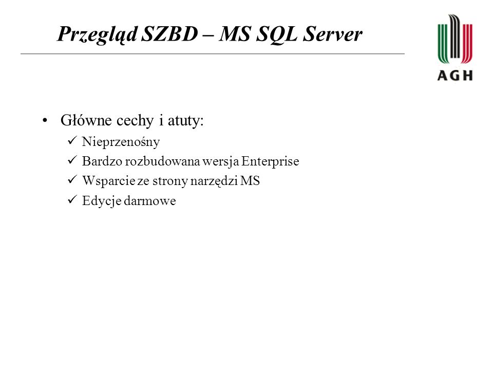 Przegląd SZBD – MS SQL Server