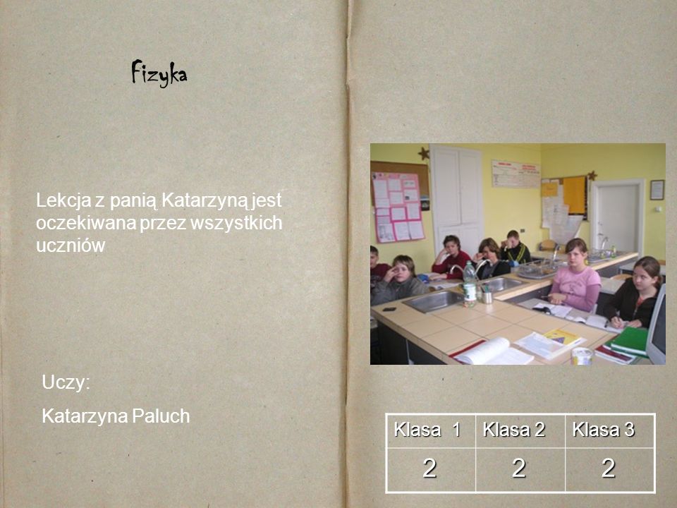 Fizyka Lekcja z panią Katarzyną jest oczekiwana przez wszystkich uczniów. Uczy: Katarzyna Paluch.