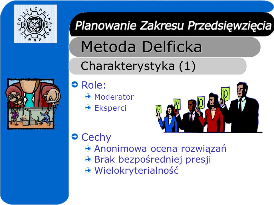 Metoda Delficka Charakterystyka (1) Role: Cechy Moderator Eksperci
