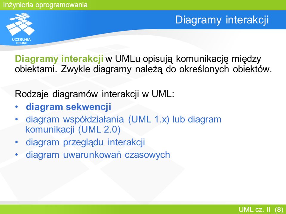 Bartosz Walter Diagramy interakcji. Diagramy interakcji w UMLu opisują komunikację między obiektami. Zwykle diagramy należą do określonych obiektów.