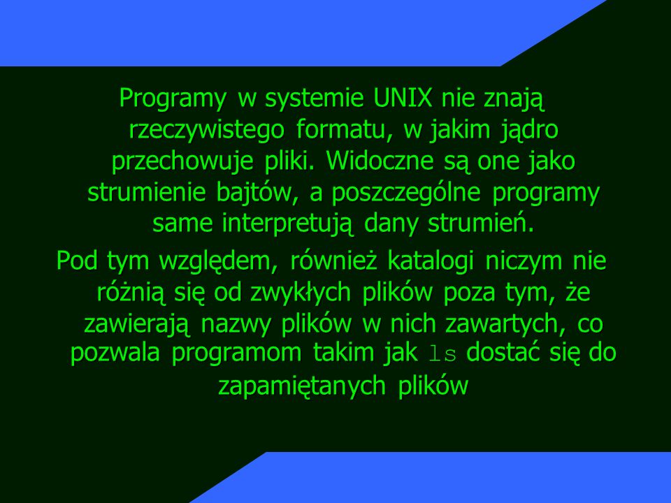 Programy w systemie UNIX nie znają rzeczywistego formatu, w jakim jądro przechowuje pliki. Widoczne są one jako strumienie bajtów, a poszczególne programy same interpretują dany strumień.