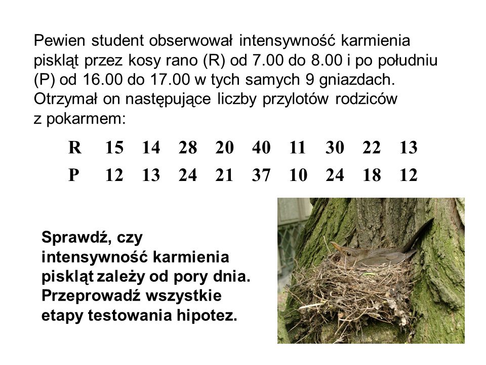 Pewien student obserwował intensywność karmienia piskląt przez kosy rano (R) od 7.00 do 8.00 i po południu (P) od do w tych samych 9 gniazdach. Otrzymał on następujące liczby przylotów rodziców z pokarmem: