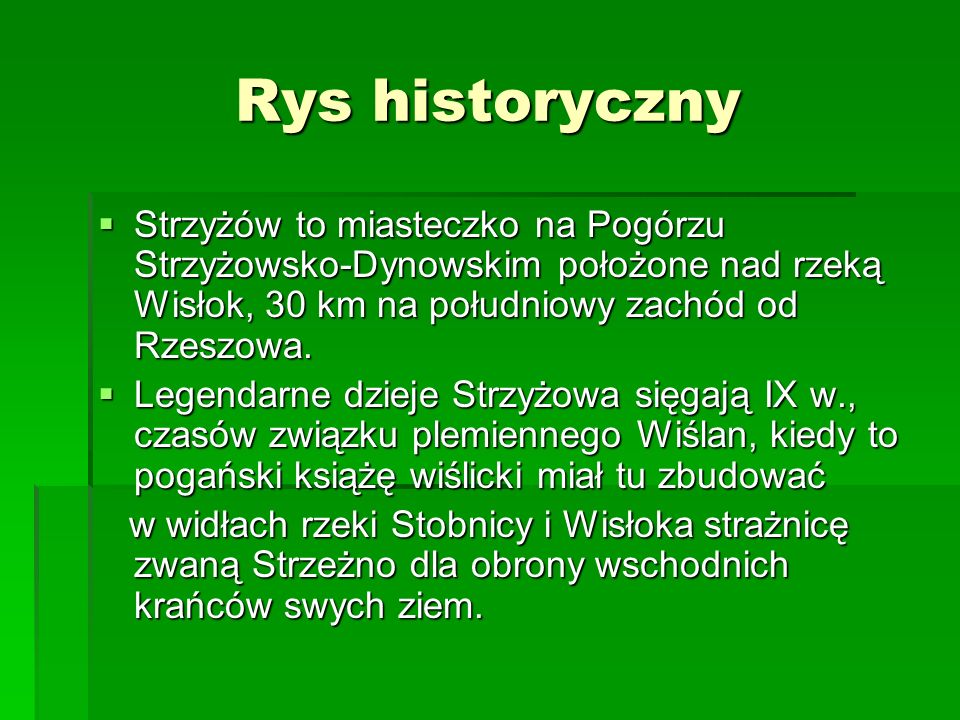 Rys historyczny Strzyżów to miasteczko na Pogórzu Strzyżowsko-Dynowskim położone nad rzeką Wisłok, 30 km na południowy zachód od Rzeszowa.