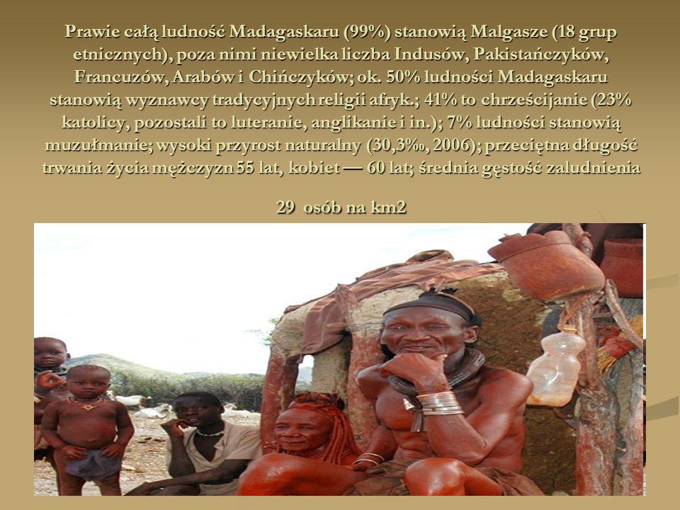 Prawie całą ludność Madagaskaru (99%) stanowią Malgasze (18 grup etnicznych), poza nimi niewielka liczba Indusów, Pakistańczyków, Francuzów, Arabów i Chińczyków; ok.