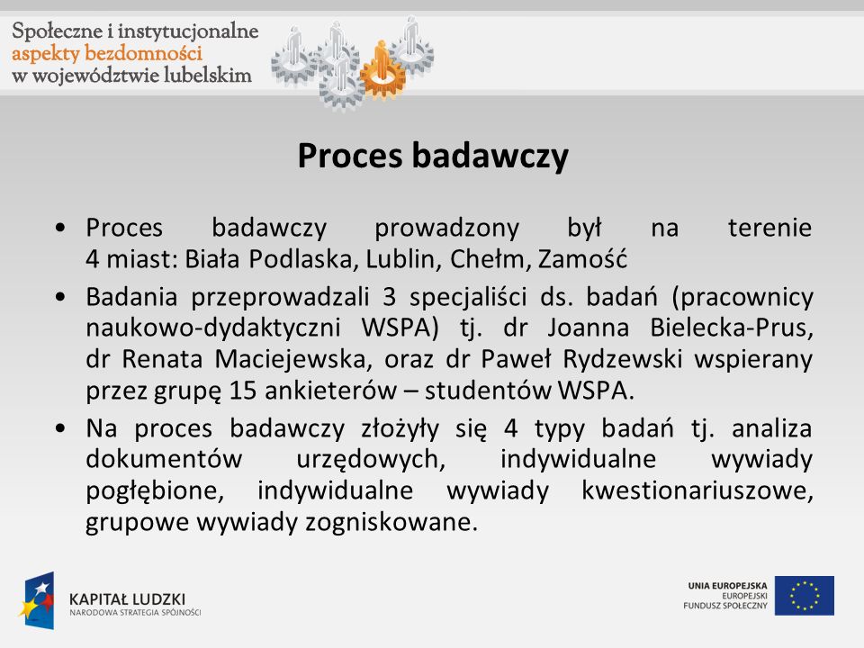 Proces badawczy Proces badawczy prowadzony był na terenie 4 miast: Biała Podlaska, Lublin, Chełm, Zamość.