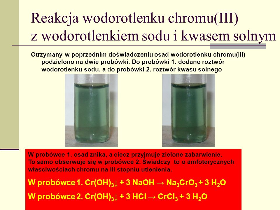 Reakcja wodorotlenku chromu(III) z wodorotlenkiem sodu i kwasem solnym
