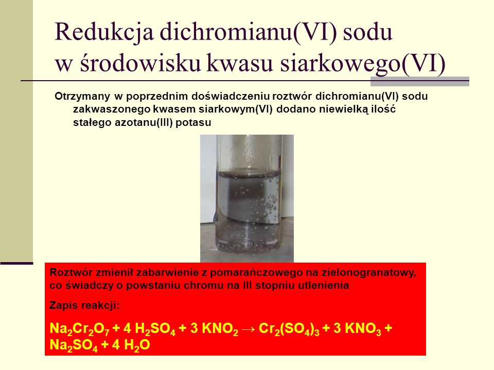Redukcja dichromianu(VI) sodu w środowisku kwasu siarkowego(VI)